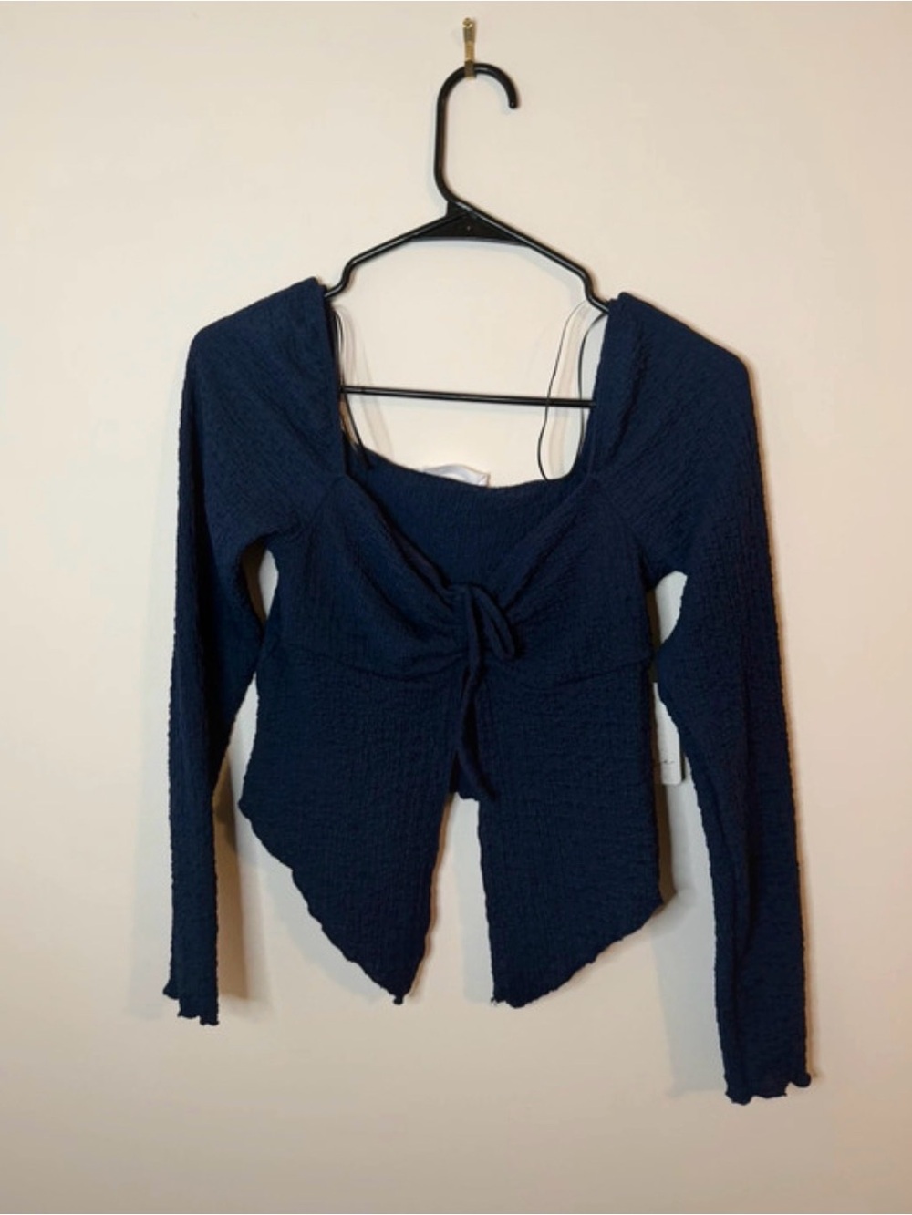 Navy Blue Textured Tie Front Long Sleeve Top Square Neck Handkerchief Hem Blouse